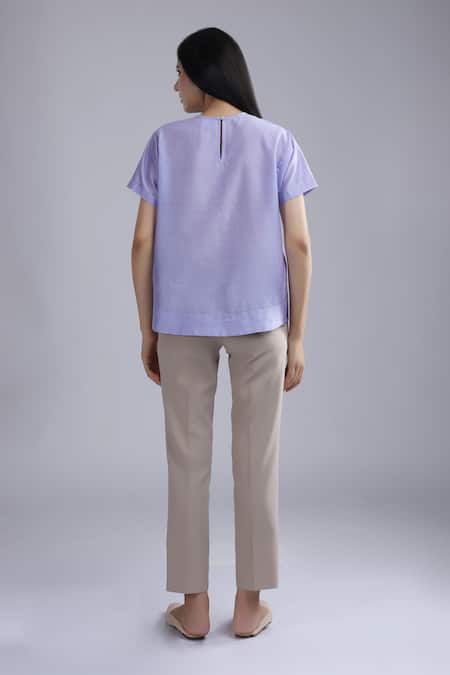 Shop_Dhi_Purple Chanderi Embroidery Crew Neck Solid T-shirt _at_Aza_Fashions
