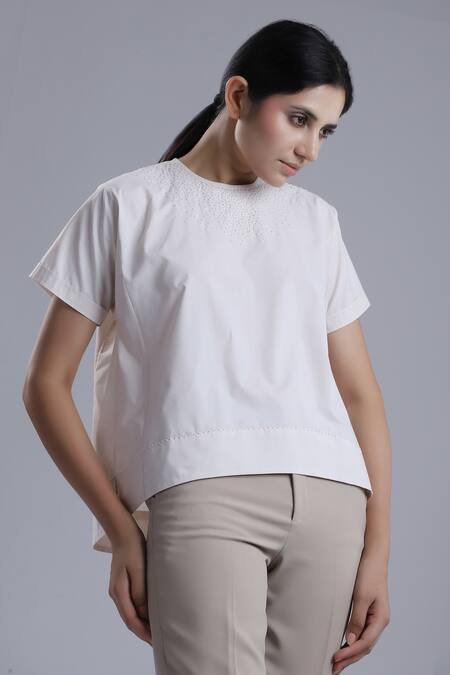 Shop_Dhi_Ivory Chanderi Embroidery Round Neck Tonal French Knot T-shirt _Online_at_Aza_Fashions