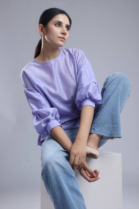 Dhi_Purple Chanderi Embroidery Round Neck Puff Sleeve T-shirt _Online_at_Aza_Fashions