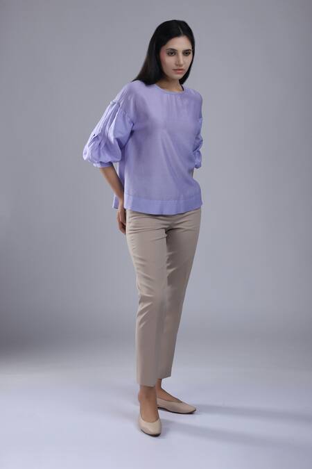 Buy_Dhi_Purple Chanderi Embroidery Round Neck Puff Sleeve T-shirt _Online_at_Aza_Fashions