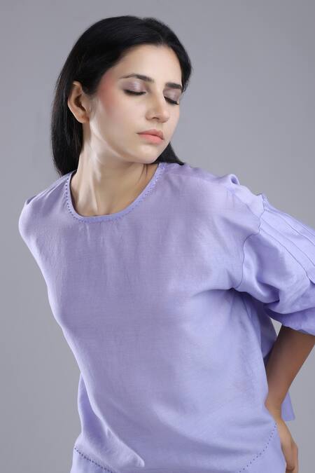 Shop_Dhi_Purple Chanderi Embroidery Round Neck Puff Sleeve T-shirt _Online_at_Aza_Fashions