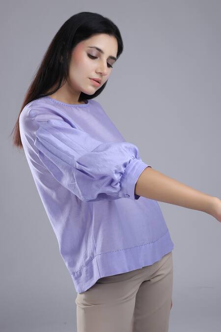 Dhi_Purple Chanderi Embroidery Round Neck Puff Sleeve T-shirt _at_Aza_Fashions