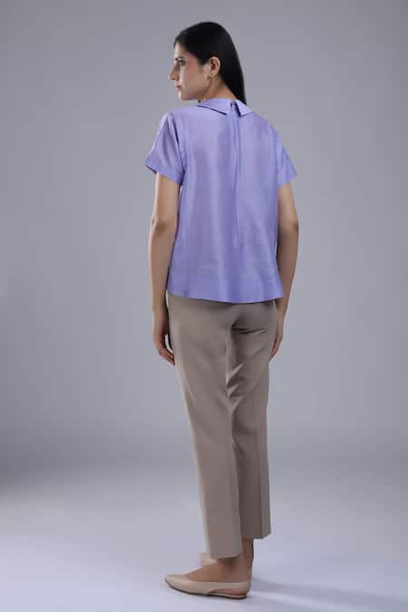 Shop_Dhi_Purple Chanderi Embroidery Collared Peter Pan T-shirt _at_Aza_Fashions