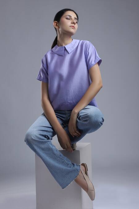 Dhi_Purple Chanderi Embroidery Collared Peter Pan T-shirt _Online_at_Aza_Fashions