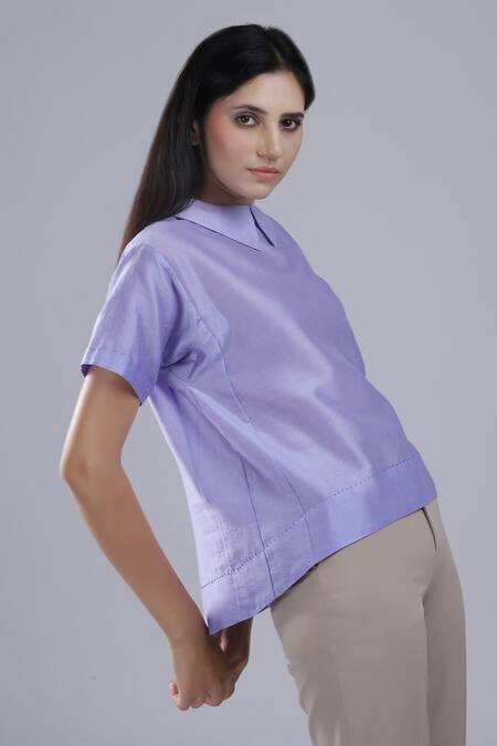 Buy_Dhi_Purple Chanderi Embroidery Collared Peter Pan T-shirt _Online_at_Aza_Fashions