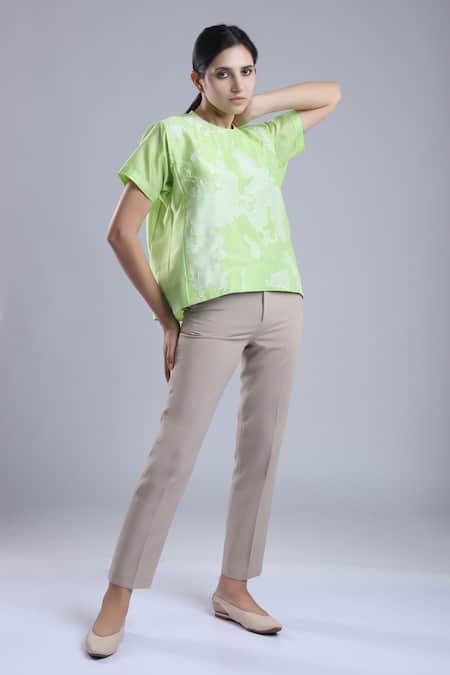 Dhi_Green Chanderi Round Neck Patch Work T-shirt _Online_at_Aza_Fashions