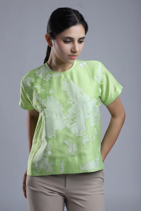 Buy_Dhi_Green Chanderi Round Neck Patch Work T-shirt _Online_at_Aza_Fashions