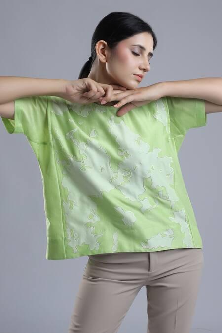 Shop_Dhi_Green Chanderi Round Neck Patch Work T-shirt _Online_at_Aza_Fashions