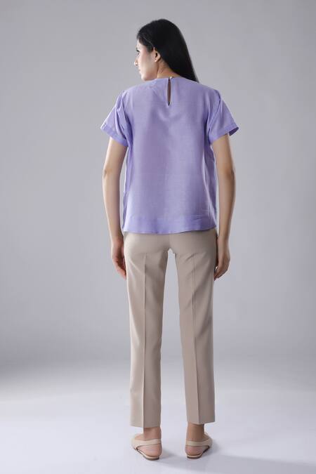 Shop_Dhi_Purple Chanderi Embroidery Round Neck Patch Work T-shirt _at_Aza_Fashions