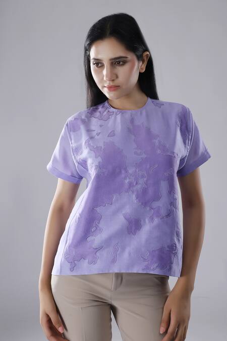 Dhi_Purple Chanderi Embroidery Round Neck Patch Work T-shirt _Online_at_Aza_Fashions