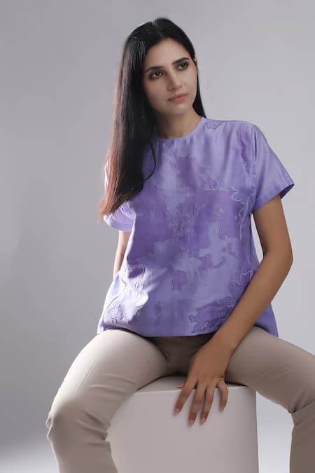 Buy_Dhi_Purple Chanderi Embroidery Round Neck Patch Work T-shirt _Online_at_Aza_Fashions