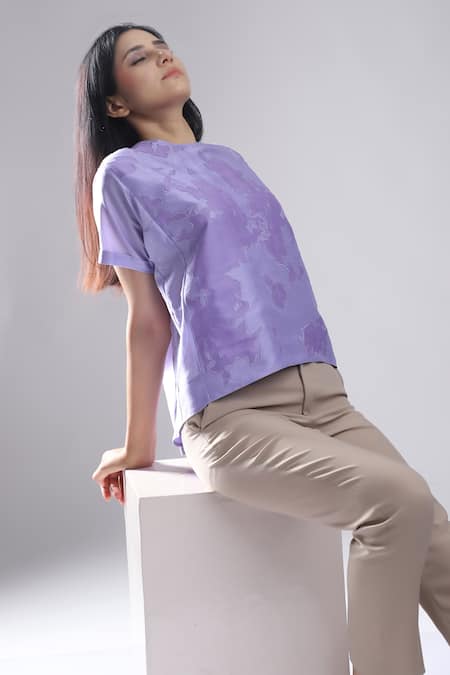 Shop_Dhi_Purple Chanderi Embroidery Round Neck Patch Work T-shirt _Online_at_Aza_Fashions