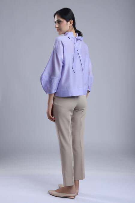 Shop_Dhi_Purple Chanderi Embroidery High Neck Lantern Sleeve Top _at_Aza_Fashions