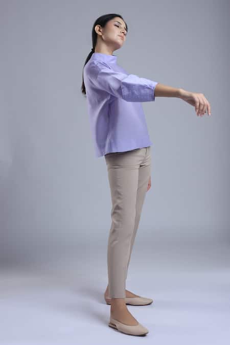 Dhi_Purple Chanderi Embroidery High Neck Lantern Sleeve Top _Online_at_Aza_Fashions