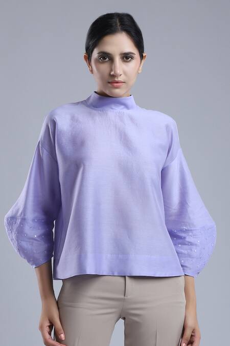 Buy_Dhi_Purple Chanderi Embroidery High Neck Lantern Sleeve Top _Online_at_Aza_Fashions