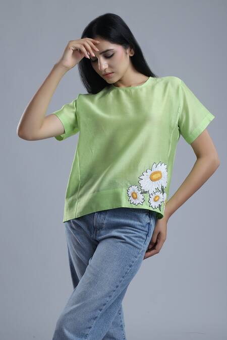 Buy_Dhi_Green Chanderi Embroidery Round Neck Placement Floral Top _Online_at_Aza_Fashions
