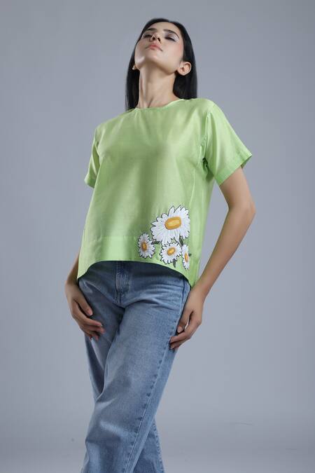 Shop_Dhi_Green Chanderi Embroidery Round Neck Placement Floral Top _Online_at_Aza_Fashions