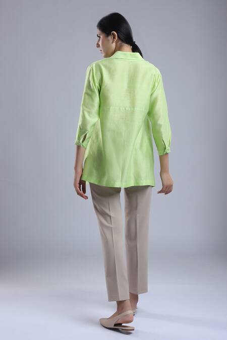 Shop_Dhi_Green Chanderi Embroidery Collared Shirt _at_Aza_Fashions