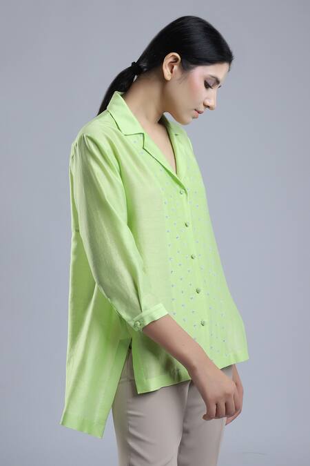 Buy_Dhi_Green Chanderi Embroidery Collared Shirt _Online_at_Aza_Fashions