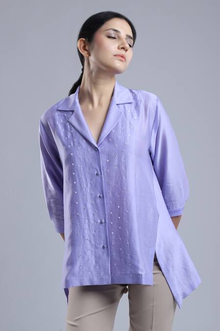 Dhi_Purple Chanderi Embroidery Collared French Knots Shirt _Online_at_Aza_Fashions