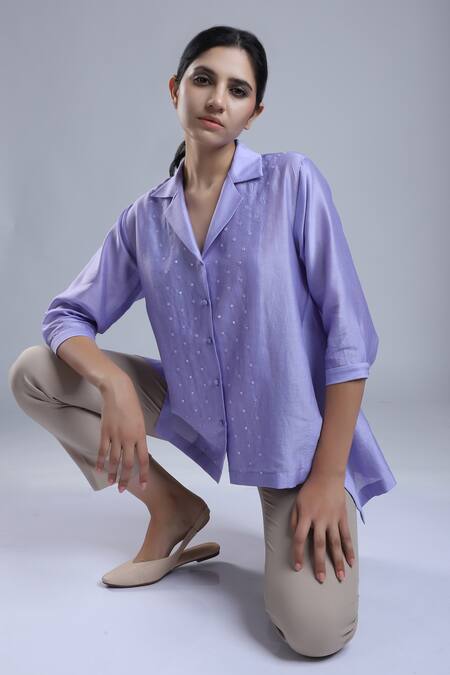 Buy_Dhi_Purple Chanderi Embroidery Collared French Knots Shirt _Online_at_Aza_Fashions