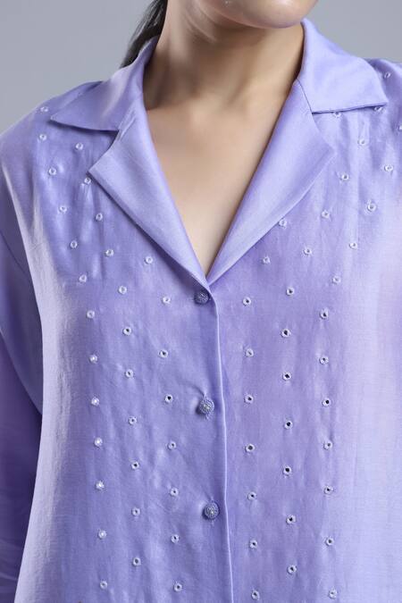Shop_Dhi_Purple Chanderi Embroidery Collared French Knots Shirt _Online_at_Aza_Fashions