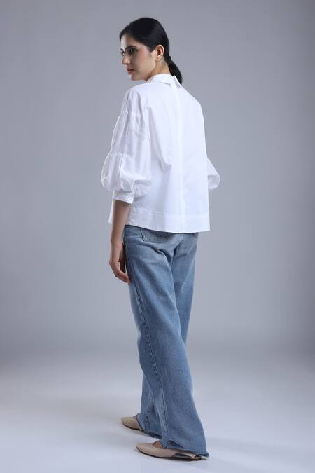 Shop_Dhi_Ivory Cotton Embroidery Collared Peter Pan T-shirt _at_Aza_Fashions