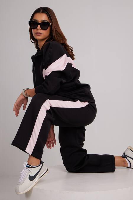 Buy_Dawn And Dusk_Black Cotton Scoop Neck Dawn Zip Through Tracksuit Set_Online_at_Aza_Fashions