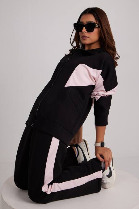Shop_Dawn And Dusk_Black Cotton Scoop Neck Dawn Zip Through Tracksuit Set_Online_at_Aza_Fashions