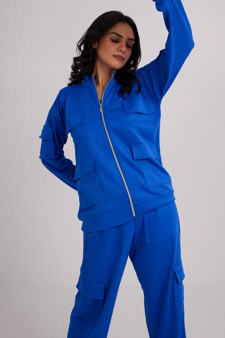 Dawn And Dusk Blue Polyester High Neck Zip Through Jacket And Cargo Pant Set Online at Aza Fashions Dawn And Dusk_Blue Polyester High Neck Zip Through Jacket And Cargo Pant Set_Online_at_Aza_Fashions