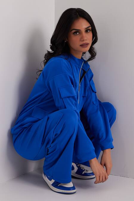 Shop Dawn And Dusk Blue Polyester High Neck Zip Through Jacket And Cargo Pant Set Online at Aza Fashions Shop_Dawn And Dusk_Blue Polyester High Neck Zip Through Jacket And Cargo Pant Set_Online_at_Aza_Fashions