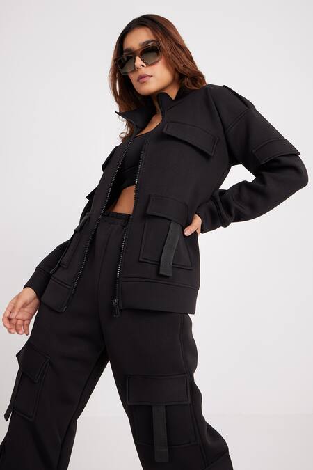 Buy_Dawn And Dusk_Black Cotton High , Crew Scuba Zip Through Cargo Set_Online_at_Aza_Fashions