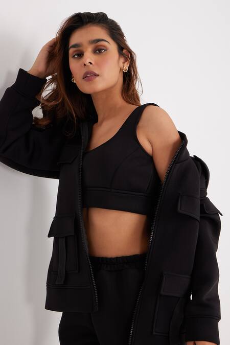 Shop_Dawn And Dusk_Black Cotton High , Crew Scuba Zip Through Cargo Set_Online_at_Aza_Fashions