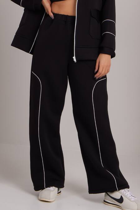 Dawn And Dusk_Black Polyester, Neoprene, Cotton Piping Round After Dark Zip-up Tracksuit Set_Online_at_Aza_Fashions