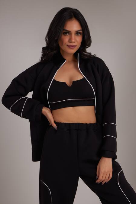 Buy_Dawn And Dusk_Black Polyester, Neoprene, Cotton Piping Round After Dark Zip-up Tracksuit Set_Online_at_Aza_Fashions