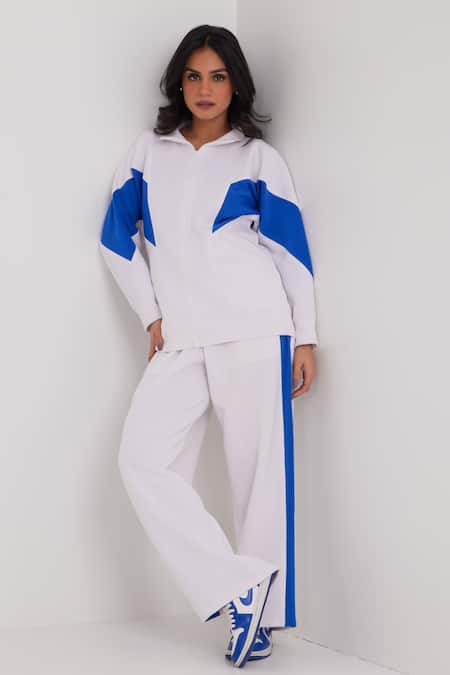 Shop_Dawn And Dusk_White High Neck Colour Block Designer Tracksuit Set_at_Aza_Fashions