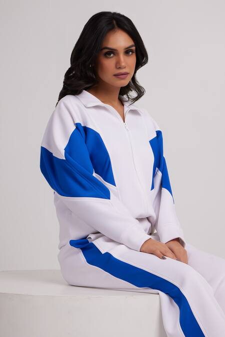 Dawn And Dusk_White High Neck Colour Block Designer Tracksuit Set_Online_at_Aza_Fashions