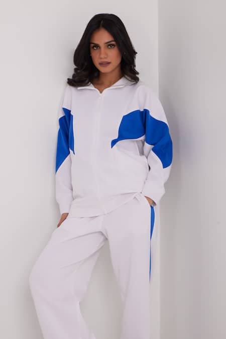 Shop_Dawn And Dusk_White High Neck Colour Block Designer Tracksuit Set_Online_at_Aza_Fashions