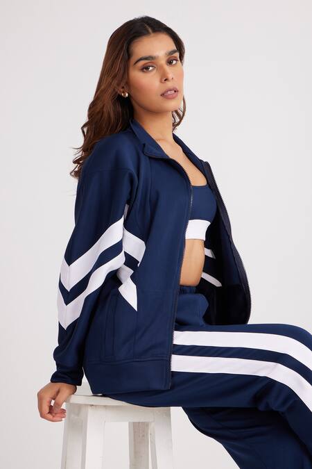 Buy Dawn And Dusk Blue Polyester High Neck Sky Striker Colour Block Tracksuit Set Online at Aza Fashions Buy_Dawn And Dusk_Blue Polyester High Neck Sky Striker Colour Block Tracksuit Set_Online_at_Aza_Fashions