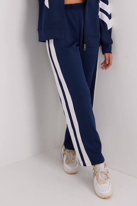 Shop Dawn And Dusk Blue Polyester High Neck Sky Striker Colour Block Tracksuit Set Online at Aza Fashions Shop_Dawn And Dusk_Blue Polyester High Neck Sky Striker Colour Block Tracksuit Set_Online_at_Aza_Fashions