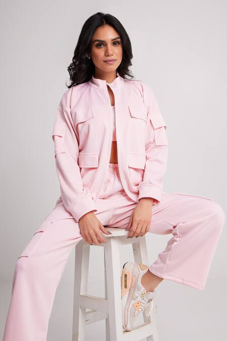 Shop_Dawn And Dusk_Pink Polyester, Neoprene, Cotton High Sleek Zip Through Jacket Cargo Pant Set_Online_at_Aza_Fashions