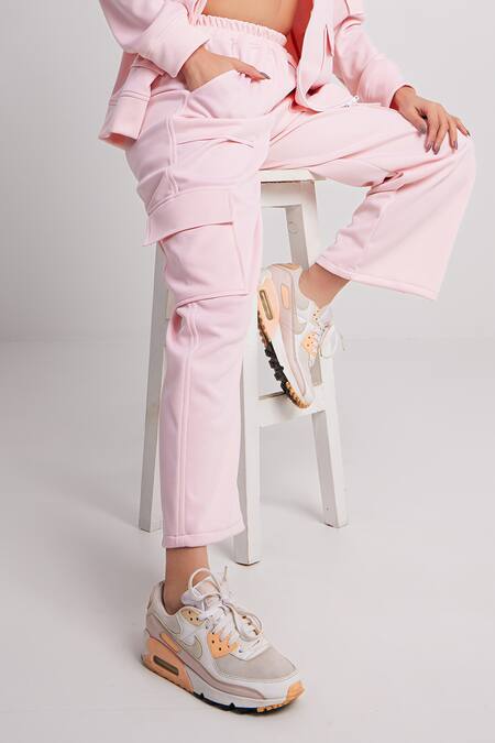 Dawn And Dusk_Pink Polyester, Neoprene, Cotton High Sleek Zip Through Jacket Cargo Pant Set_at_Aza_Fashions