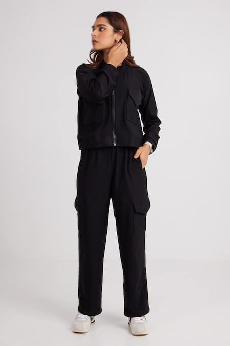 Buy_Dawn And Dusk_Black Looper Plain High Neck Wave Zip Through Jacket Cargo Pant Set_Online_at_Aza_Fashions