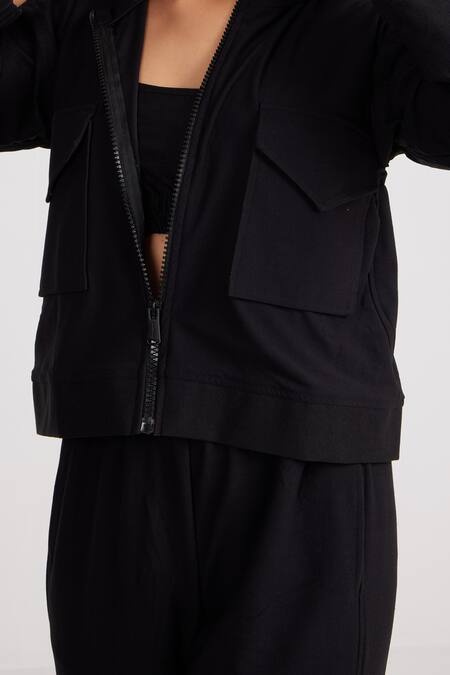 Dawn And Dusk_Black Looper Plain High Neck Wave Zip Through Jacket Cargo Pant Set_at_Aza_Fashions