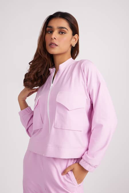 Shop_Dawn And Dusk_Purple Looper Plain High Neck Marshmellow Zip Through Jacket Cargo Pant Set_Online_at_Aza_Fashions