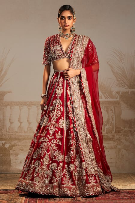 Ridhi Mehra_Red Net, Silk Shanno Zardozi Embroidered Persian Floral Bridal Lehenga Set _Online_at_Aza_Fashions