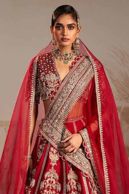 Buy_Ridhi Mehra_Red Net, Silk Shanno Zardozi Embroidered Persian Floral Bridal Lehenga Set _Online_at_Aza_Fashions