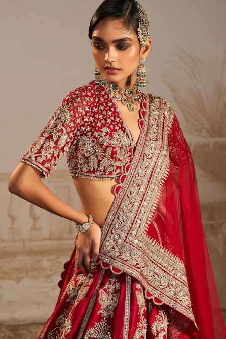 Shop_Ridhi Mehra_Red Net, Silk Shanno Zardozi Embroidered Persian Floral Bridal Lehenga Set _Online_at_Aza_Fashions