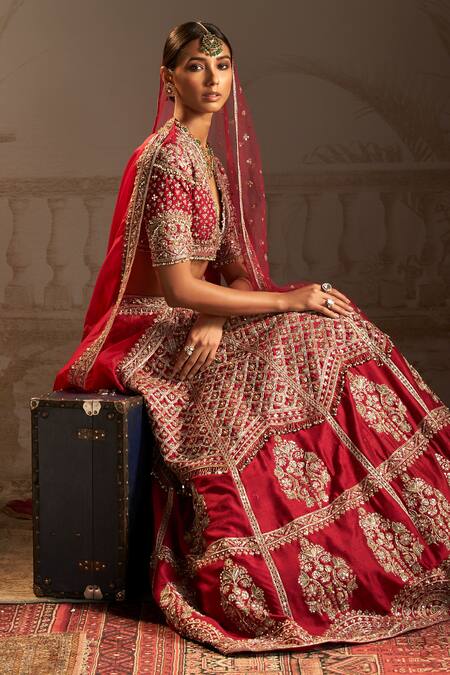 Ridhi Mehra_Red Silk, Organza Rani Zardozi Floral Jaal Embroidered Bridal Lehenga Set _Online_at_Aza_Fashions