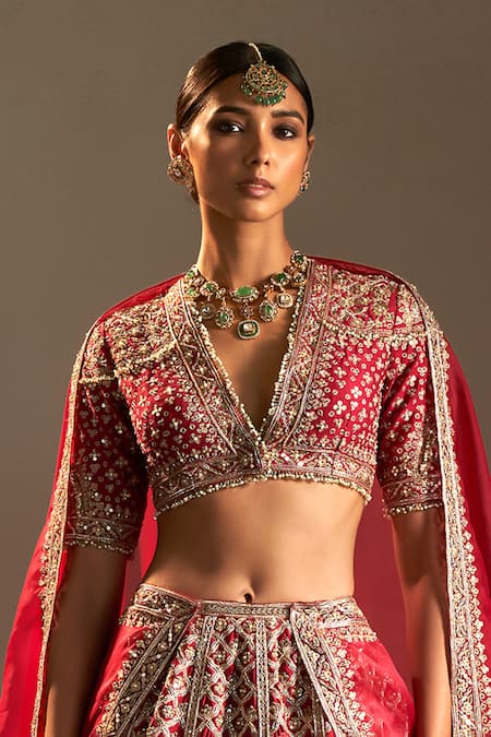 Buy_Ridhi Mehra_Red Silk, Organza Rani Zardozi Floral Jaal Embroidered Bridal Lehenga Set _Online_at_Aza_Fashions